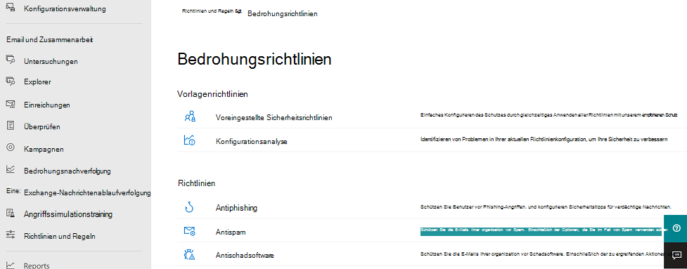 Screenshot of the threat policies page that shows both policy templates and custom policies.