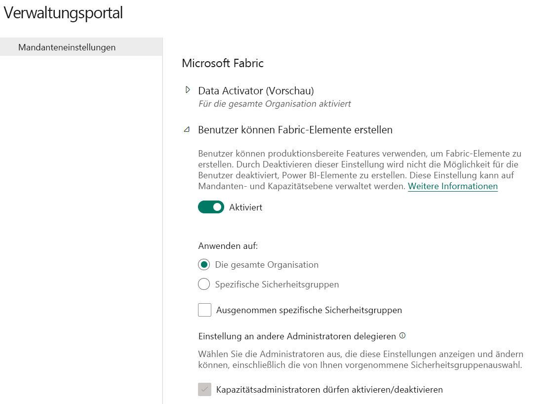 Screenshot der Einstellungen zum Aktivieren von Fabric im Fabric-Verwaltungsportal.