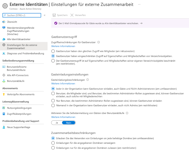 Screenshot der Einstellungen für die externe Zusammenarbeit in Azure AD.