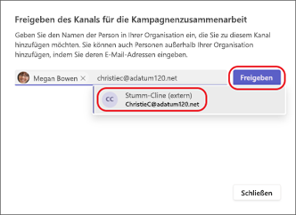 Screenshot der Freigabe eines freigegebenen Kanals für externe Benutzer.