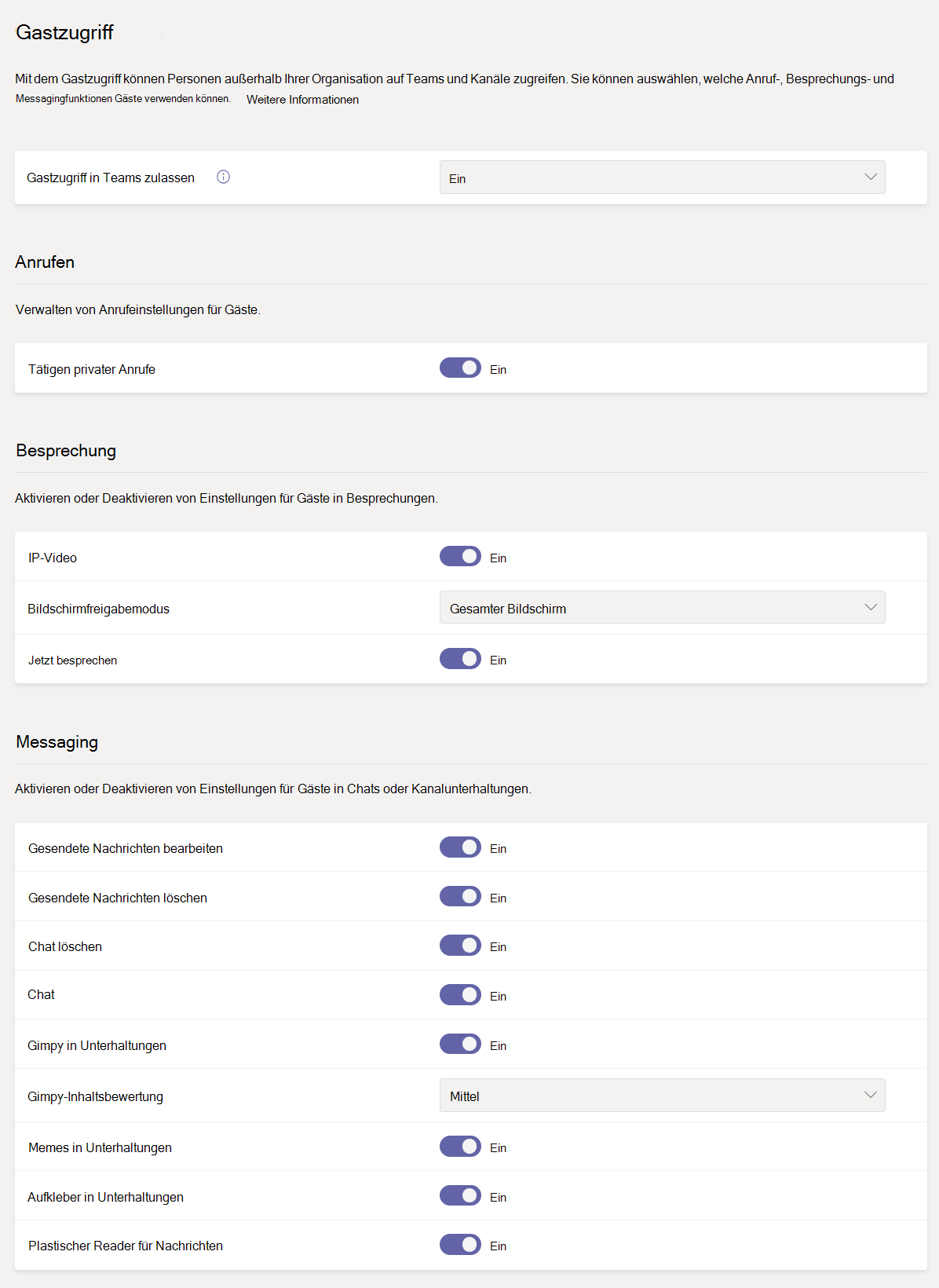 Screenshot der Einstellungen für Gastberechtigungen in Teams.