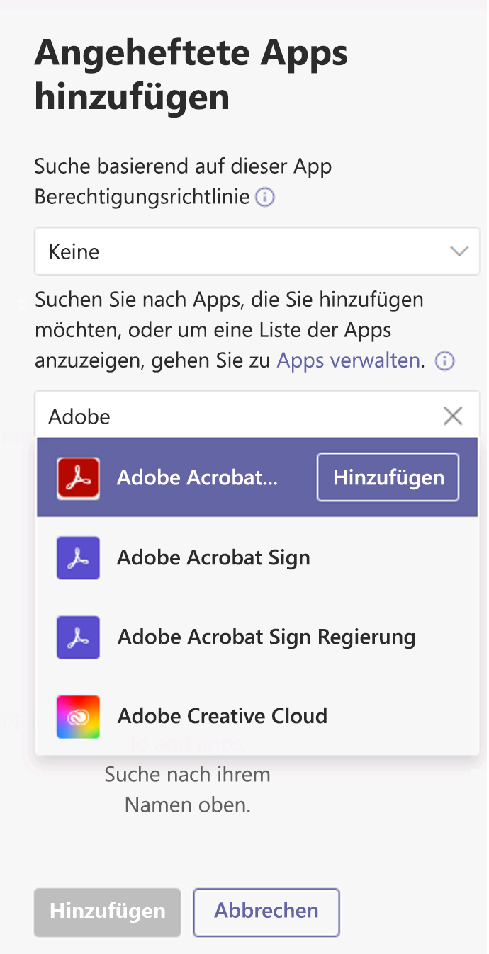  Screenshot des Bereichs Angeheftete Apps hinzufügen.