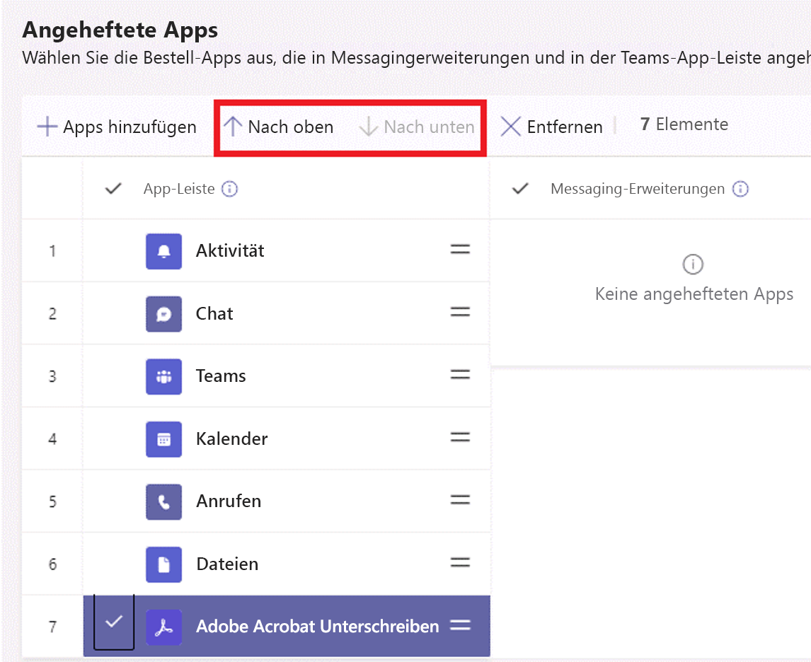  Screenshot des Abschnitts Angeheftete Apps.