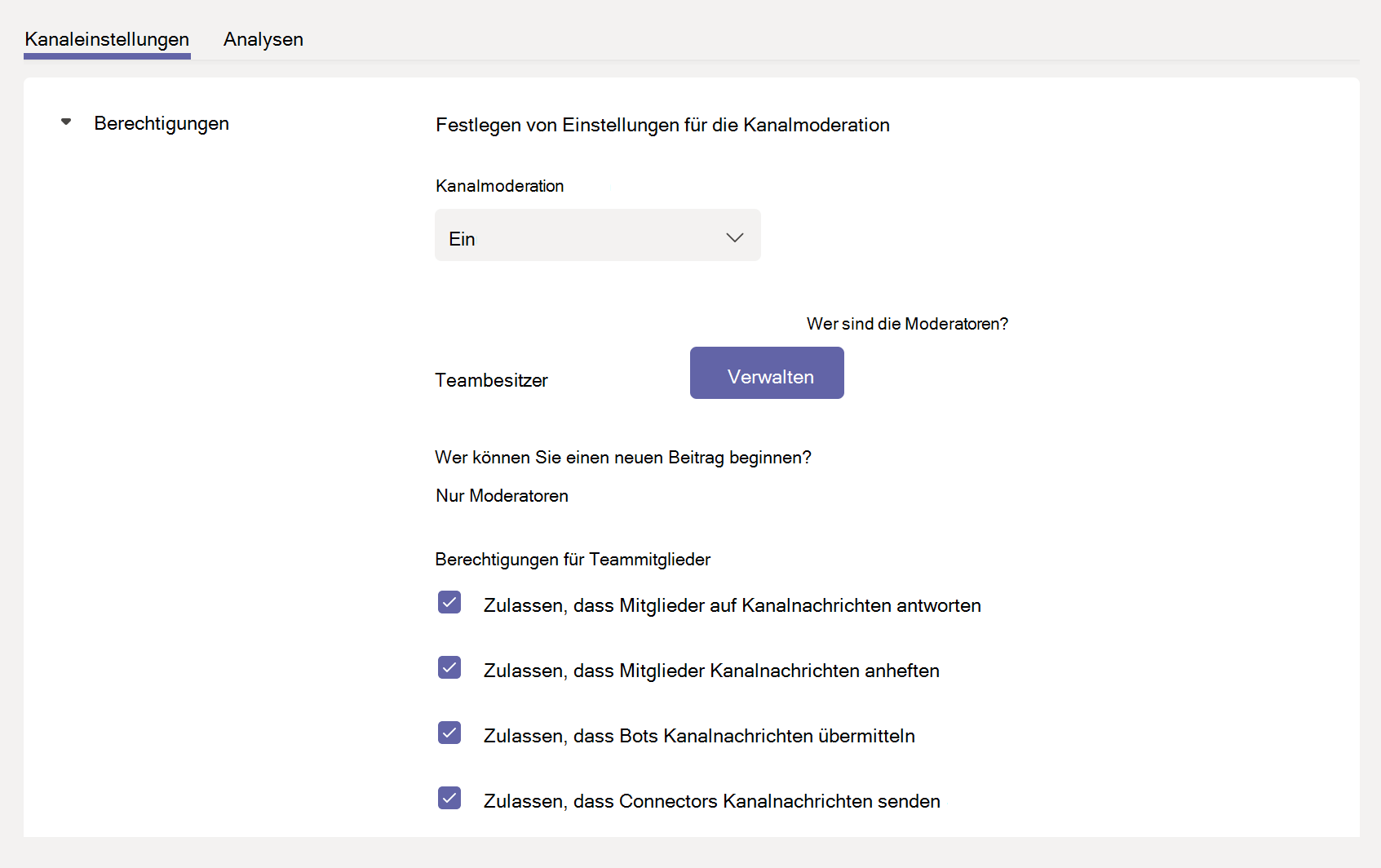  Screenshot of channel moderation settings.