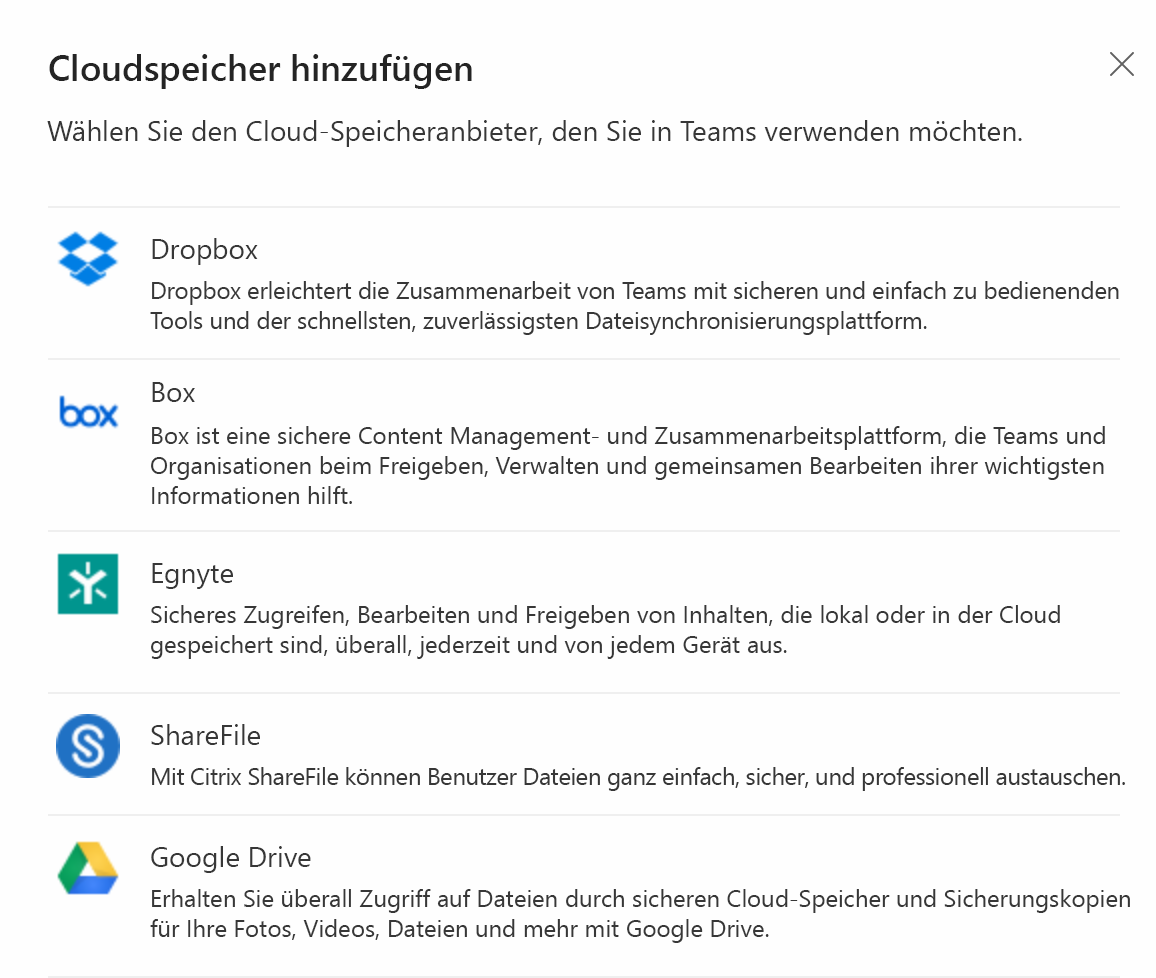  Screenshot der Cloud-Dateispeicheroptionen im Teams-Client.