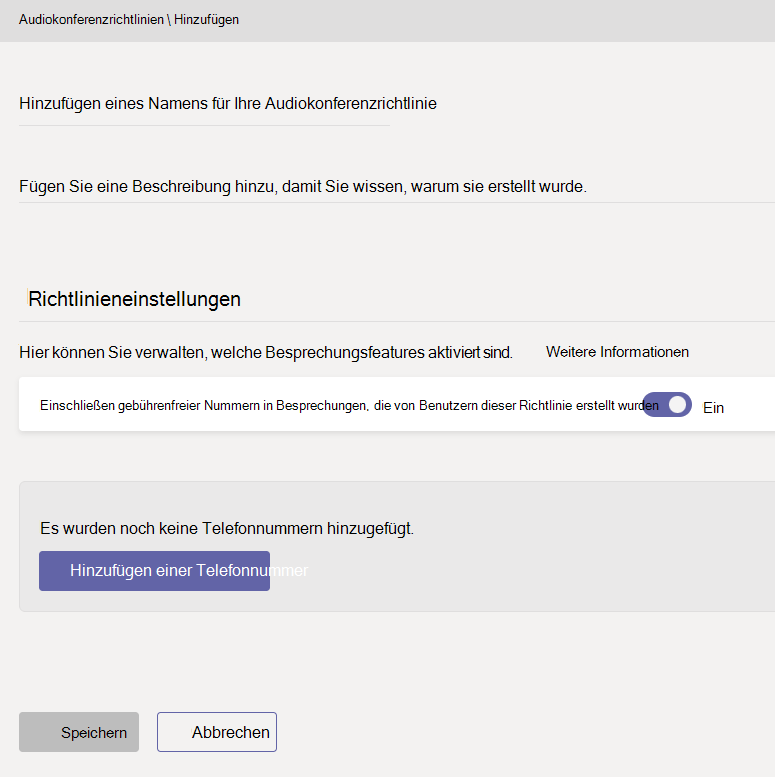 Screenshot: Erstellen einer neuen Richtlinie für Audiokonferenzen