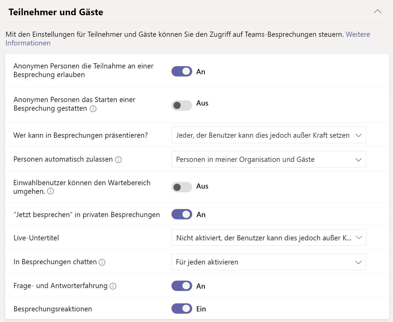 Screenshot: Einstellungen für Besprechungsbeitritt und Lobby in der Besprechungsrichtlinie