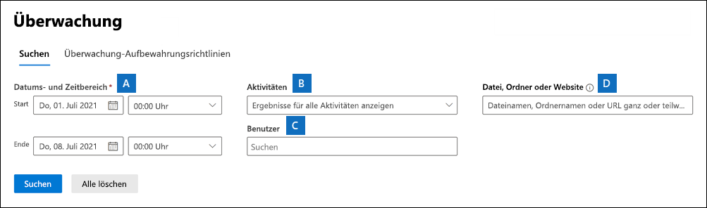 Screenshot der Seite „Überwachen“ im Microsoft Purview-Complianceportal mit allen Einstellungen hervorgehoben.