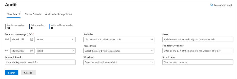 Screenshot des Überwachungsprotokoll-Suchtools im Microsoft Purview-Complianceportal.