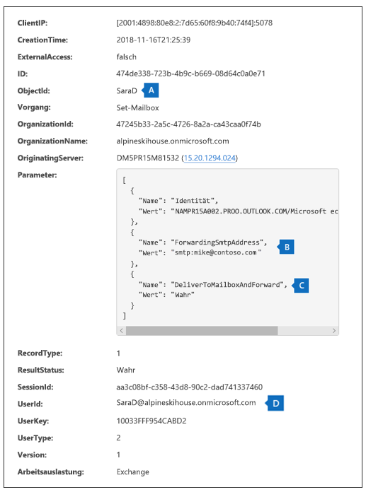 Screenshot der Seite „Suchergebnisse“ nach Auswahl der Option „Weitere Informationen“ und mit im Überwachungsdatensatz hervorgehobenen Feldern.