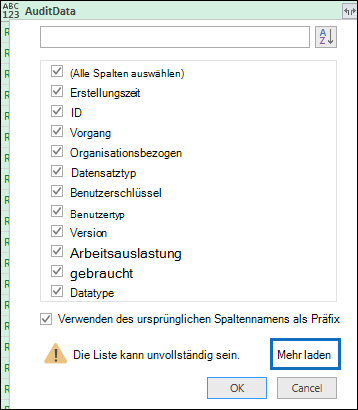 Screenshot einer im Abfrage-Editor geöffneten C S V-Datei mit hervorgehobener Spalte 