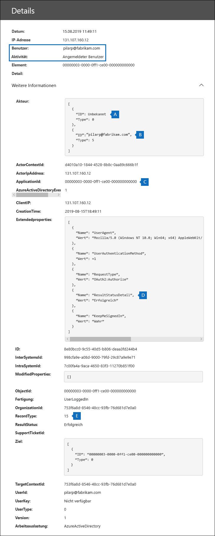 Screenshot eines Überwachungsdatensatzes für eine erfolgreiche Pass-Through-Authentifizierung sowie mit hervorgehobenen ausgewählten Feldern.