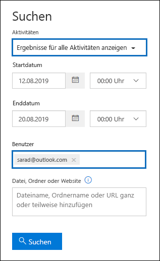 Screenshot eines Inhaltssuche-Fensters mit den Feldern, die eingegeben werden müssen, um nach allen Aktivitäten zu suchen, die von einem externen Benutzer durchgeführt wurden.