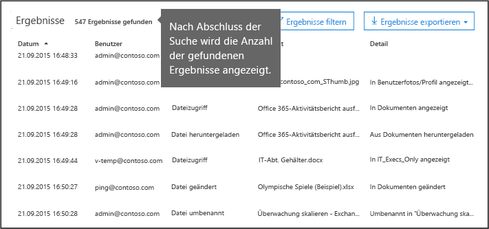 Screenshot mit der Anzahl der Ergebnisse, die nach Abschluss der Suche angezeigt werden.