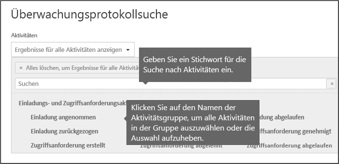 Screenshot des Überwachungsprotokoll-Suchfensters mit Beschriftungsfeldern mit verschiedenen Suchtipps.