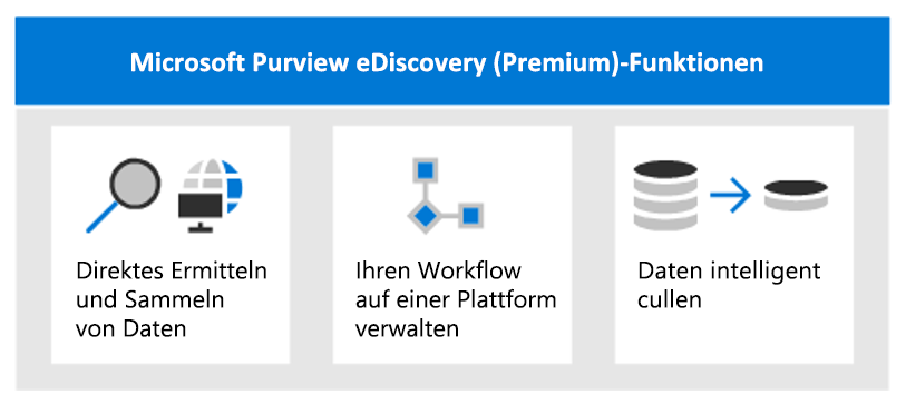 Diagramm mit den wichtigsten Funktionen von Microsoft Purview eDiscovery Premium.