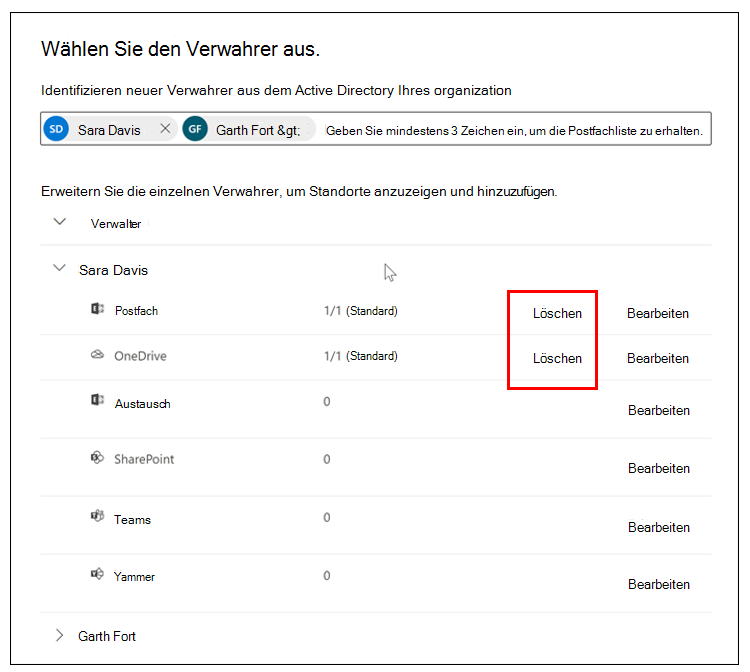 Screenshot des Bildschirms „Verwahrer auswählen“ mit hervorgehobener Option „Löschen“ für das Exchange-Postfach und das OneDrive-Konto des Benutzers.