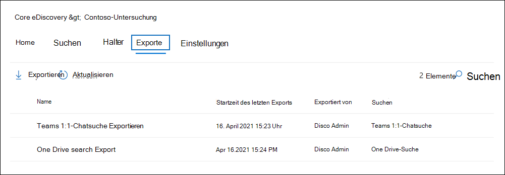 Screenshot der Detailseite eines Falls mit der Registerkarte „Exporte“ und zwei Exportaufträgen, die für den Fall ausgeführt wurden.