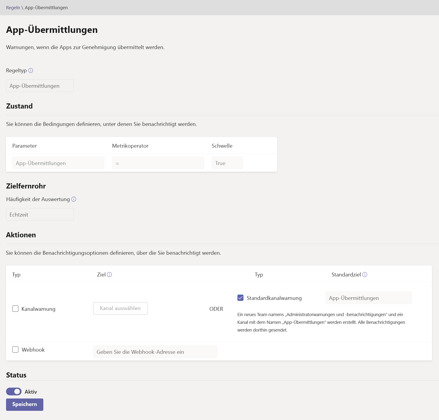 Screenshot der Seite „Teams-App-Übermittlungsregeln“