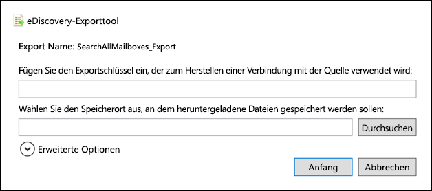 Der Screenshot zeigt das Fenster des eDiscovery-Exporttools und das Feld zum Einfügen des Exportschlüssels.