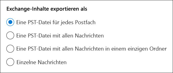 Screenshot mit den Optionen für den Export von Exchange-Inhalten, die unter diesem Bild beschrieben werden.