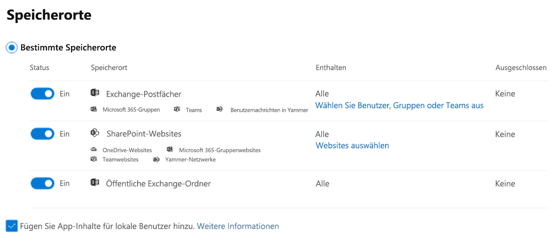 Screenshot der Seite „Standorte“ im Assistenten für die neue Suche.