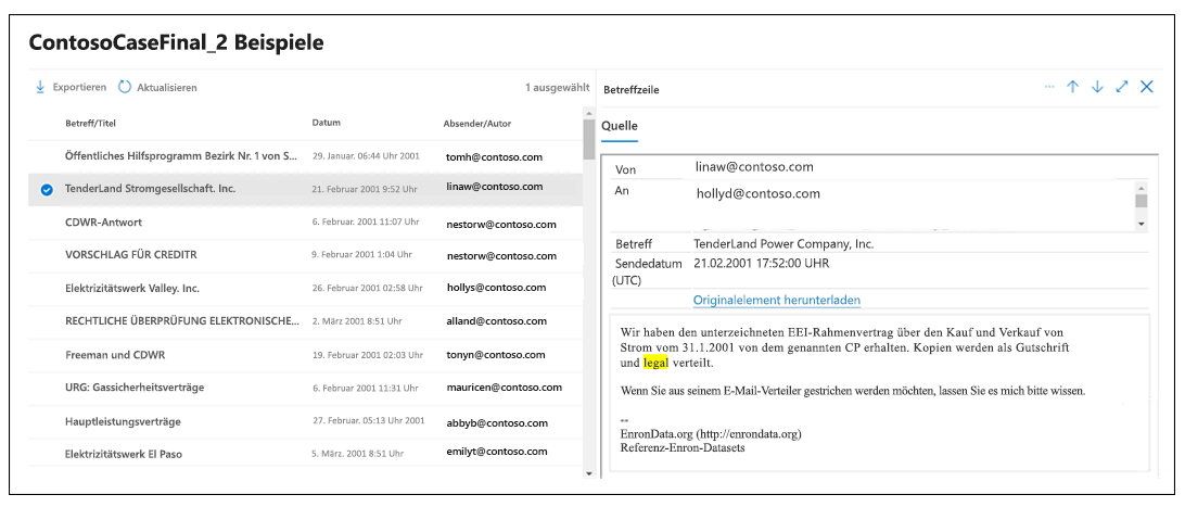 Screenshot: Beispiel der Suchergebnisse mit ausgewähltem Element und Anzeige des Inhalts im Detailbereich.