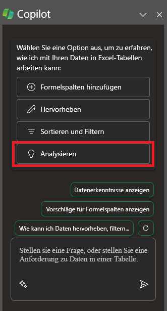 Screenshot des Copilot-Bereichs in Excel beim ersten Öffnen.