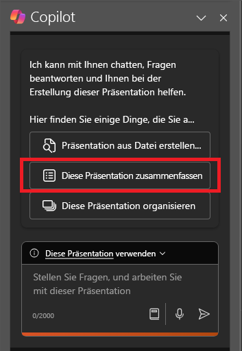 Screenshot des Copilot-Bereichs in PowerPoint beim ersten Öffnen.