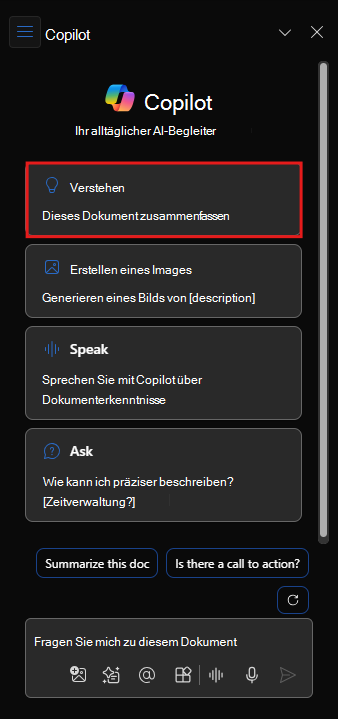 Screenshot des Copilot-Bereichs in Word beim ersten Öffnen.