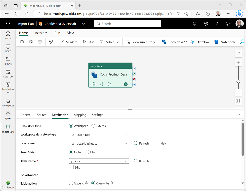 Screenshot: Aktivität „Daten kopieren“ in Microsoft Fabric