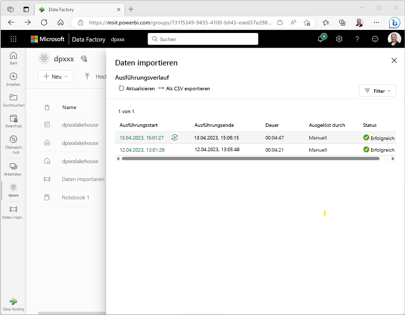 Screenshot: Ausführungsverlauf einer Pipeline in Microsoft Fabric