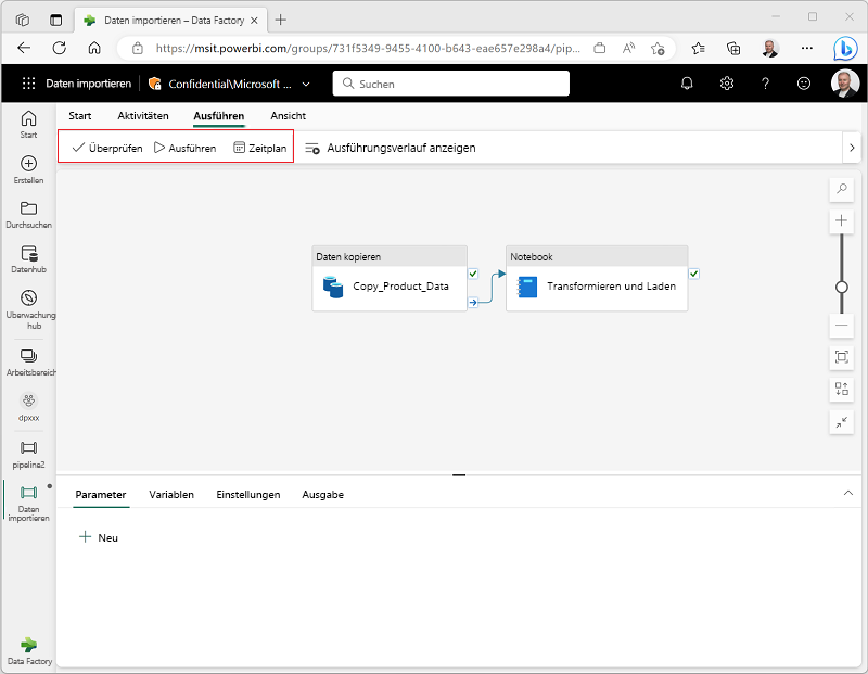 Screenshot: Menü „Ausführen“ für eine Pipeline in Microsoft Fabric