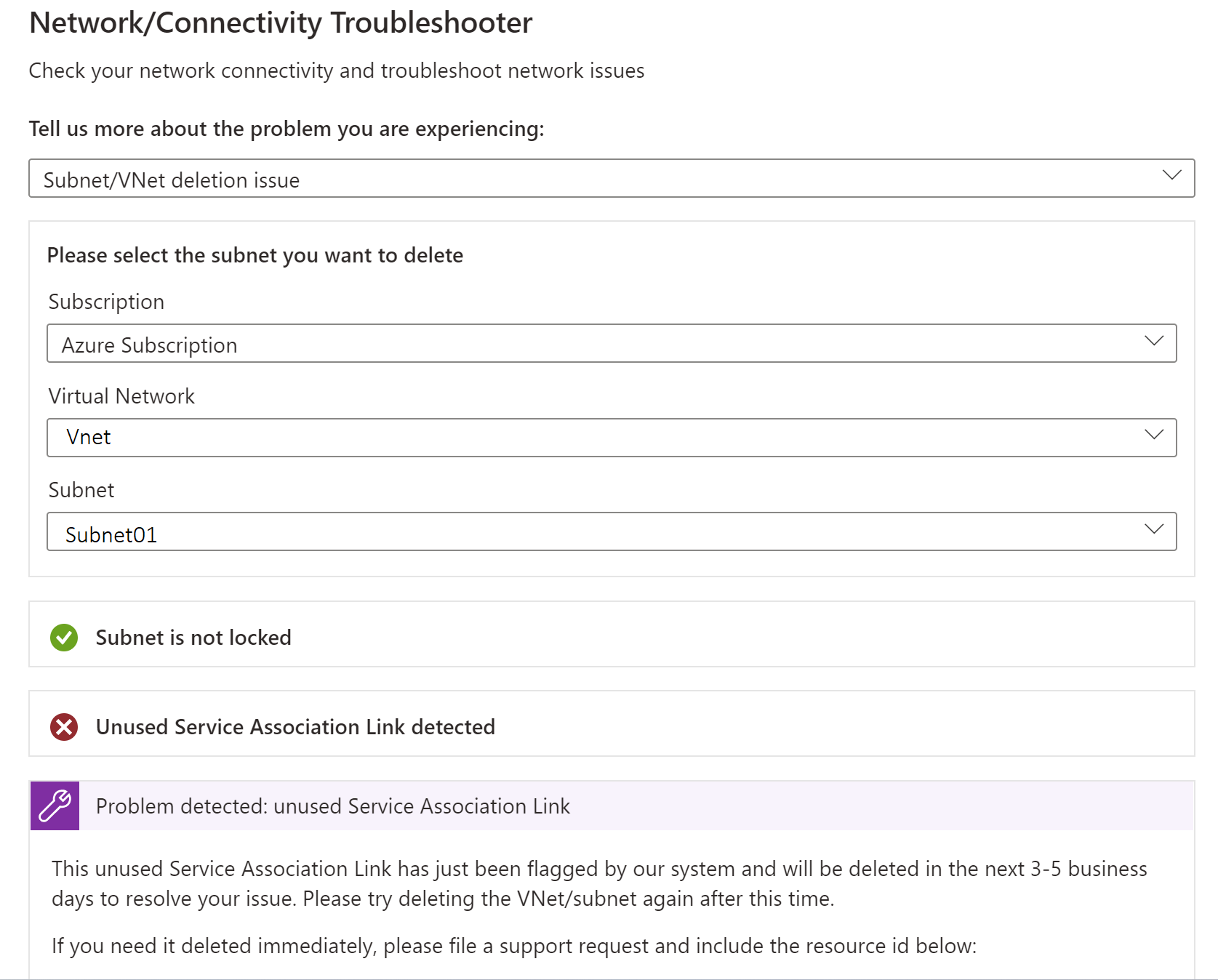 Screenshot: Ausführen der Problembehandlung für Probleme beim Löschen von Subnetzen oder virtuellen Netzwerken