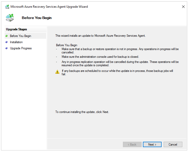 Screenshot des Upgrade-Assistenten des Microsoft Azure Recovery Services-Agents.