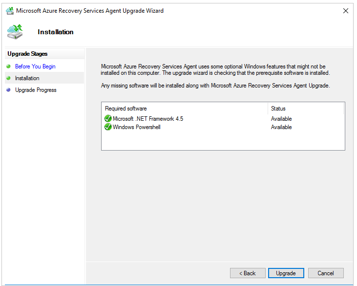 Screenshot der Upgradeinstallation des Microsoft Azure Recovery Services-Agents.