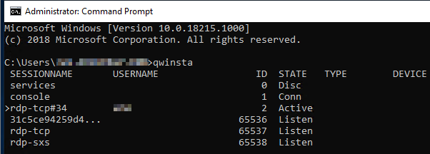 Screenshot des side-by-side stack installed or enabled with qwinsta listed as rdp-sxs in the output.