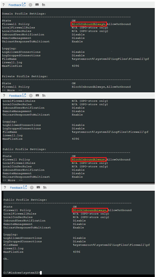 Screenshot des Abfrageergebnisses der eingehenden Firewall-Profile, die „BlockInboundAlways“ enthalten.