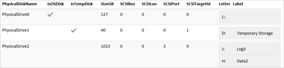 Screenshot: Abschnitt der Datenträgerzuordnung auf der Registerkarte „Ergebnisse“ des PerfInsights-Berichts.