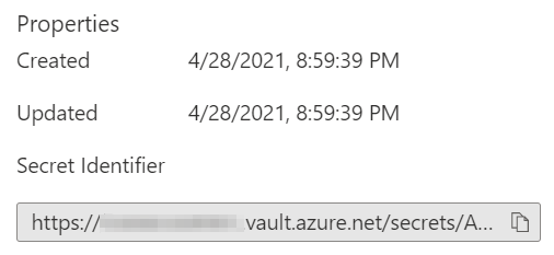 Screenshot der geheimen Eigenschaften in Azure-Portal mit dem geheimen Bezeichner U R L.