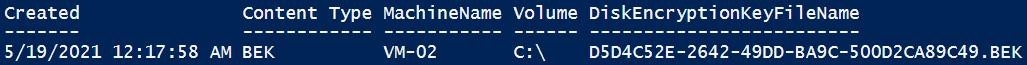 Screenshot der PowerShell-Ausgabe in einer Tabelle mit dem Dateinamen des Datenträgerverschlüsselungsschlüssels für einen Inhaltstyp von Freihand.