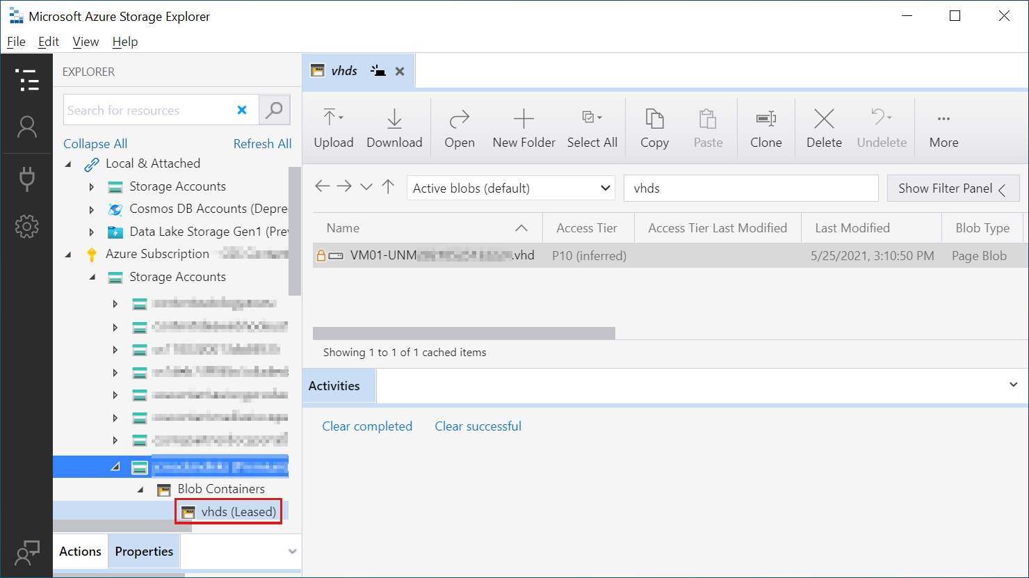 Screenshot von Azure Storage-Explorer mit dem Container für Speicherkonten und dem v h d s leased Container, der beide in der Navigationsstruktur hervorgehoben ist.