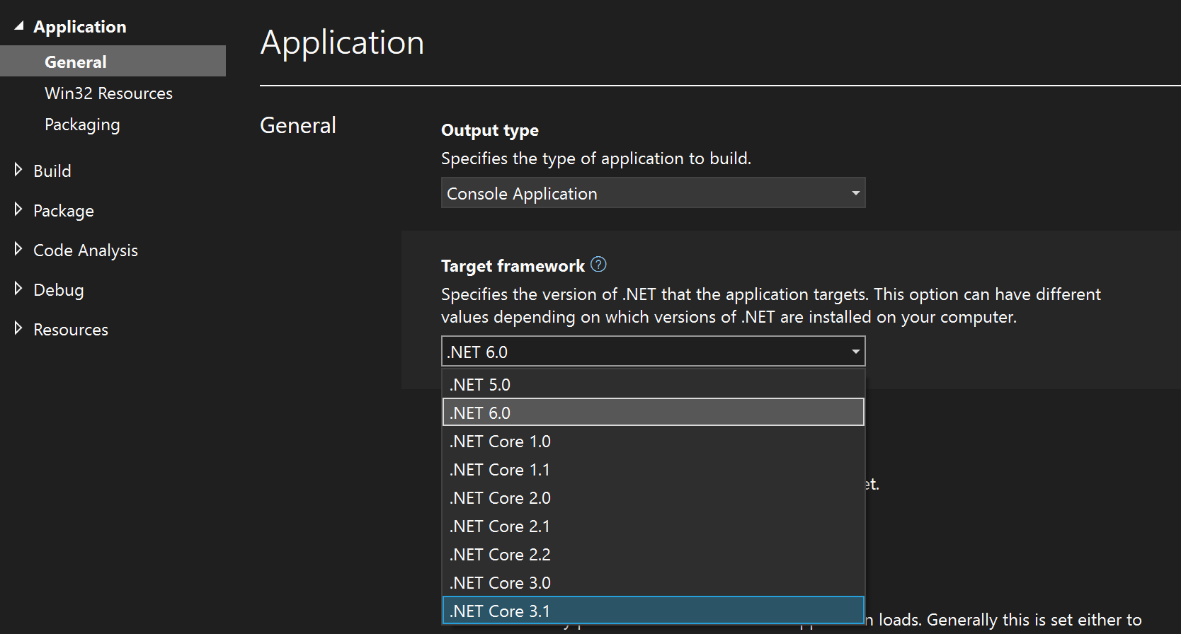 Screenshot: Ändern des Zielframeworks in Visual Studio