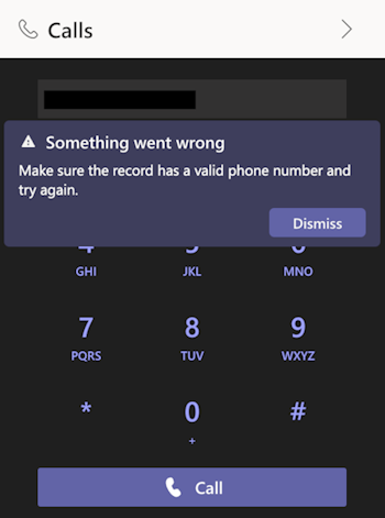 Screenshot, der den Fehler zeigt, der auftritt, wenn ein Verkäufer keinen Telefonanruf an eine PSTN-Nummer tätigen kann.