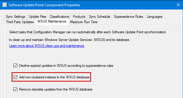 Position der Option „Add non-clustered indexes to the WSUS database“ (Nicht gruppierte Indizes zur WSUS-Datenbank hinzufügen) in der SUP-Konfiguration des Configuration Manager.