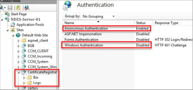 Screenshot der Berechtigungen für anonyme Authentifizierung und Windows-Authentifizierung.