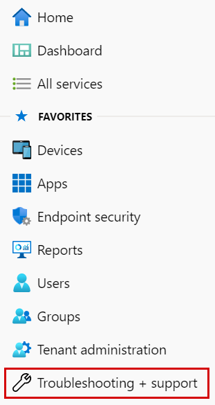 Navigieren Sie im Endpoint Management Admin Center und Intune zu Problembehandlung und Support.