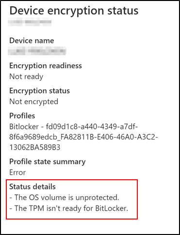 Details zum Intune-Geräteverschlüsselungsstatus, die zeigen, dass TPM für BitLocker nicht bereit ist.