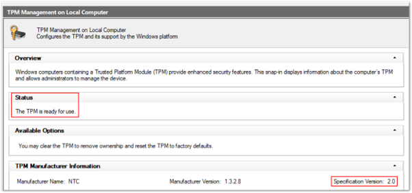 Beispielscreenshot eines fehlerfreien TPM 2.0-status in der Trusted Platform Module-Konsole.