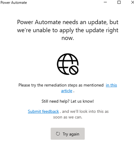 Screenshot der Meldung, dass Power Automate ein Update benötigt, aber wir können das Update derzeit nicht anwenden.